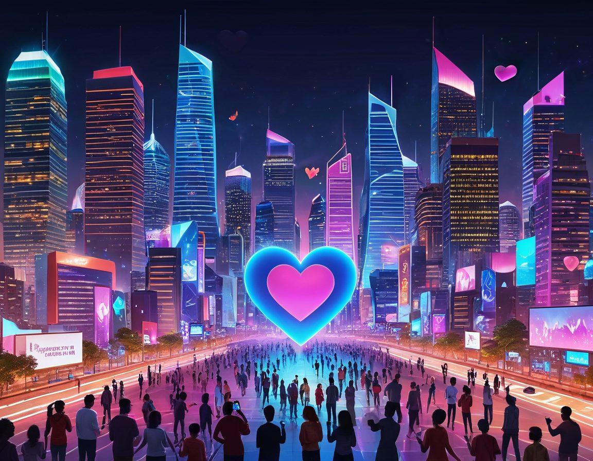 A vibrant digital landscape showcasing diverse online connections through glowing screens where people of various ethnicities and ages exchange joyful messages. Include heart emojis and digital icons floating around to symbolize delight and interaction. Capture the essence of modern technology with a futuristic city backdrop, symbolizing growth and connectivity. super-realistic. bright colors. 3D.