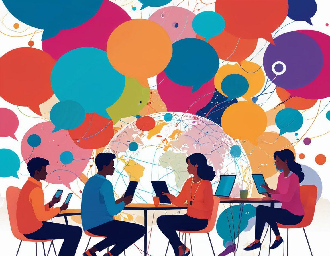 A vibrant digital landscape depicting diverse individuals connecting through their devices, with bright, colorful chat bubbles symbolizing communication. Include elements like globe motifs and glowing lines linking different regions, representing the global aspect of online relationships. Incorporate warm, inviting colors to evoke feelings of joy and contentment, showcasing a cheerful online community. vector art. vibrant colors. white background.