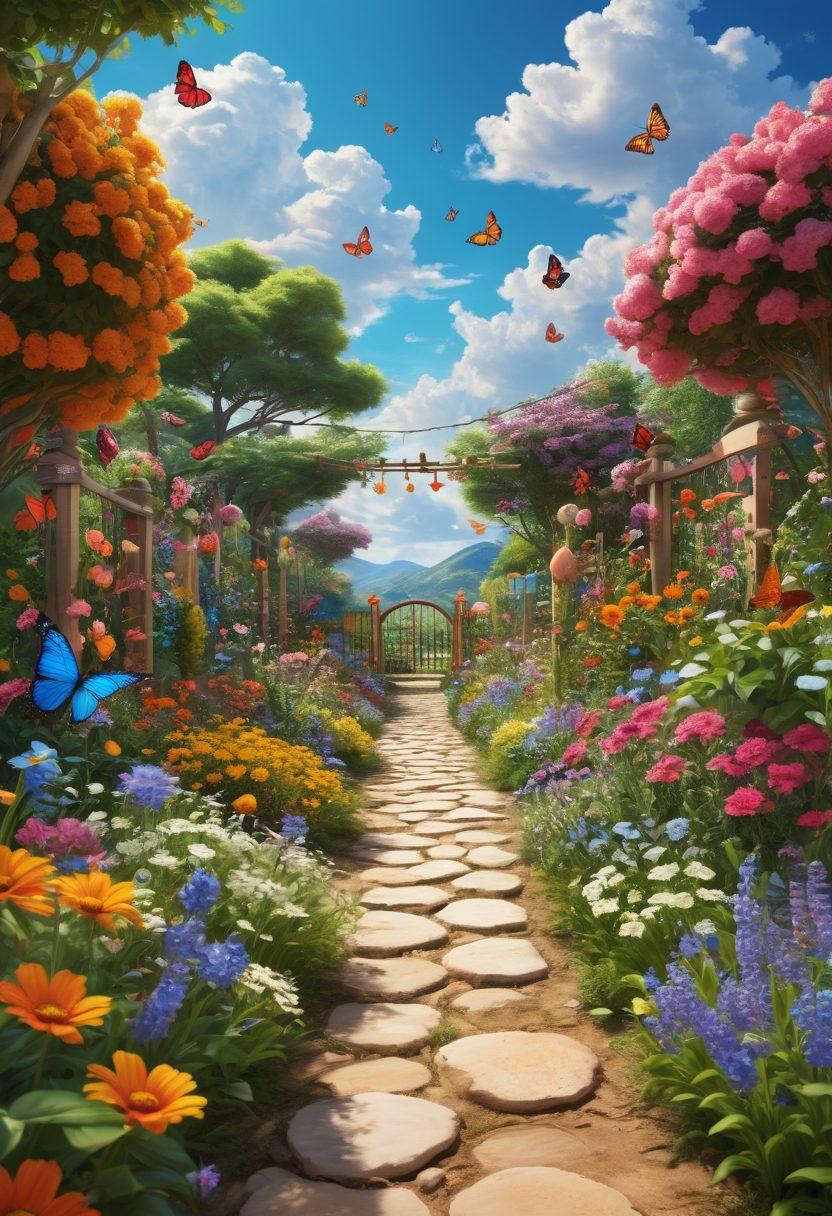 A vibrant digital garden filled with joyful characters connecting through colorful screens, surrounded by bright, blooming flowers and butterflies symbolizing happiness. The background showcases a cheerful landscape of interconnected paths and sunlit skies. Emphasize a sense of community and positivity with warm colors and playful elements. super-realistic. vibrant colors. cheerful atmosphere.